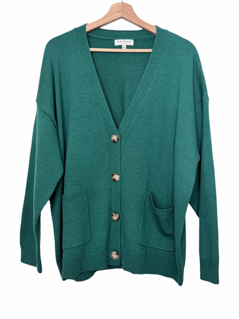 Skies Are Blue Curvy V-Neck Long Sleeve Button Front Knit Cardigan in Green 2X